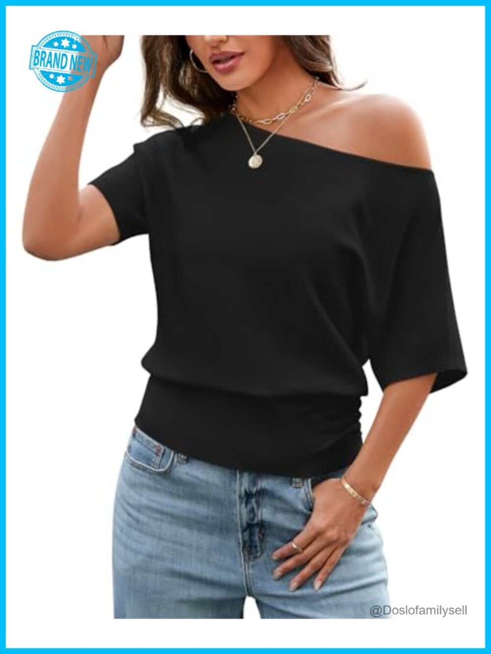 Off Shoulder Batwing Sleeve Knit Top Cinched Waist Short Sleeve Sweater